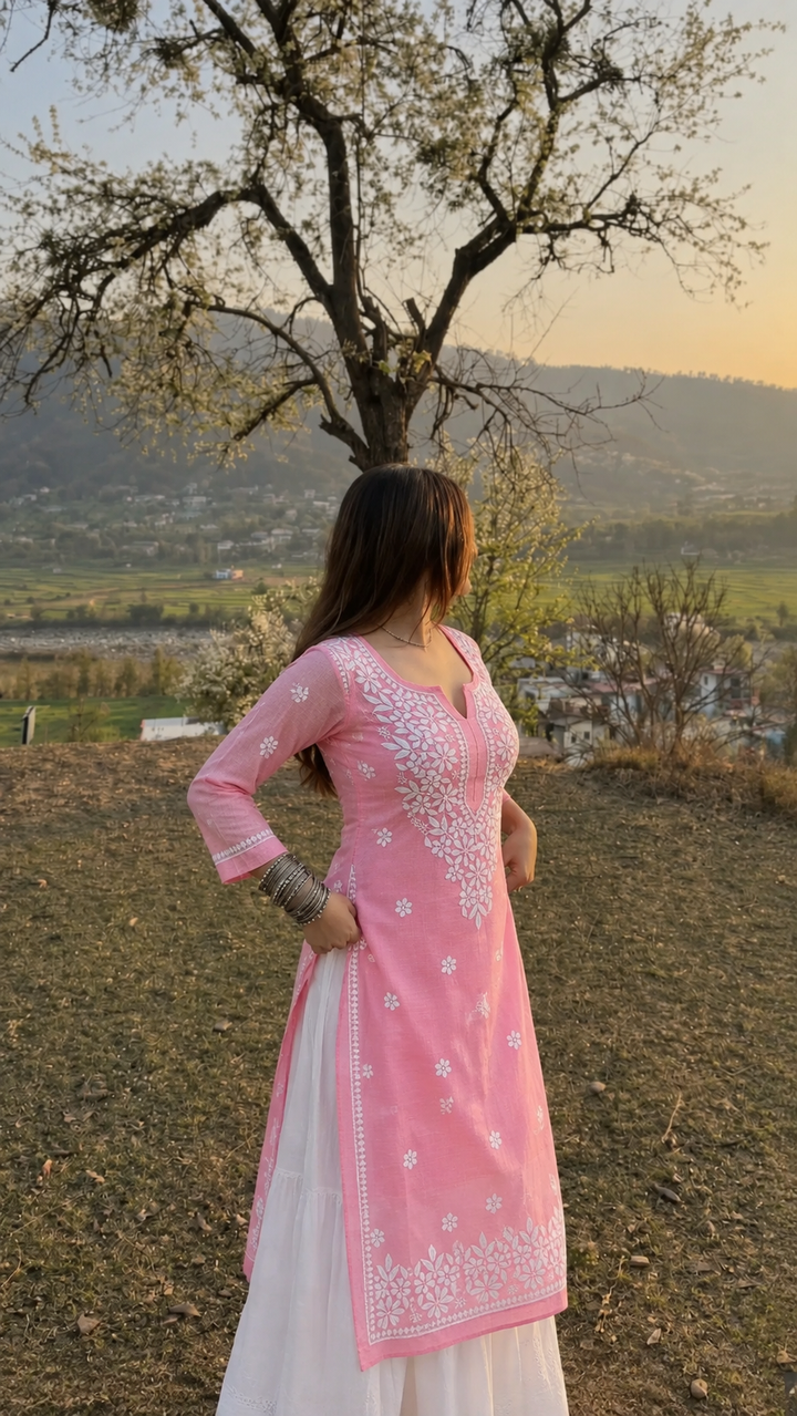 Hand Embroidered Chikankari Kota Cotton straight Kurta with Matching Slip- PC3540