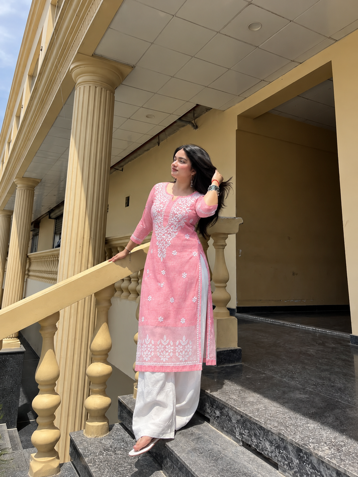 Hand Embroidered Chikankari Kota Cotton straight Kurta with Matching Slip- PC3540