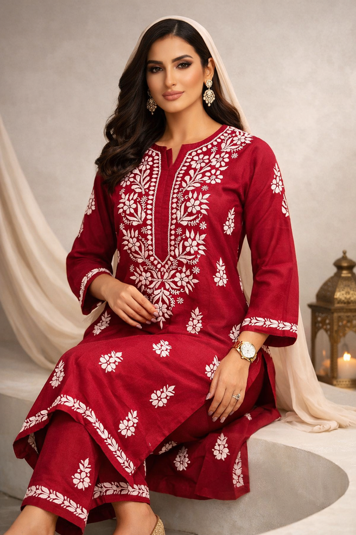 Women Hand Embroidered Chikankari Cotton kurta set PC4107KS Maroon
