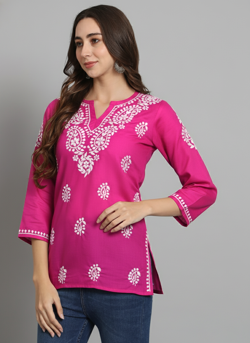 Women Hand Embroidered Chikankari Cotton Kurti PC3828