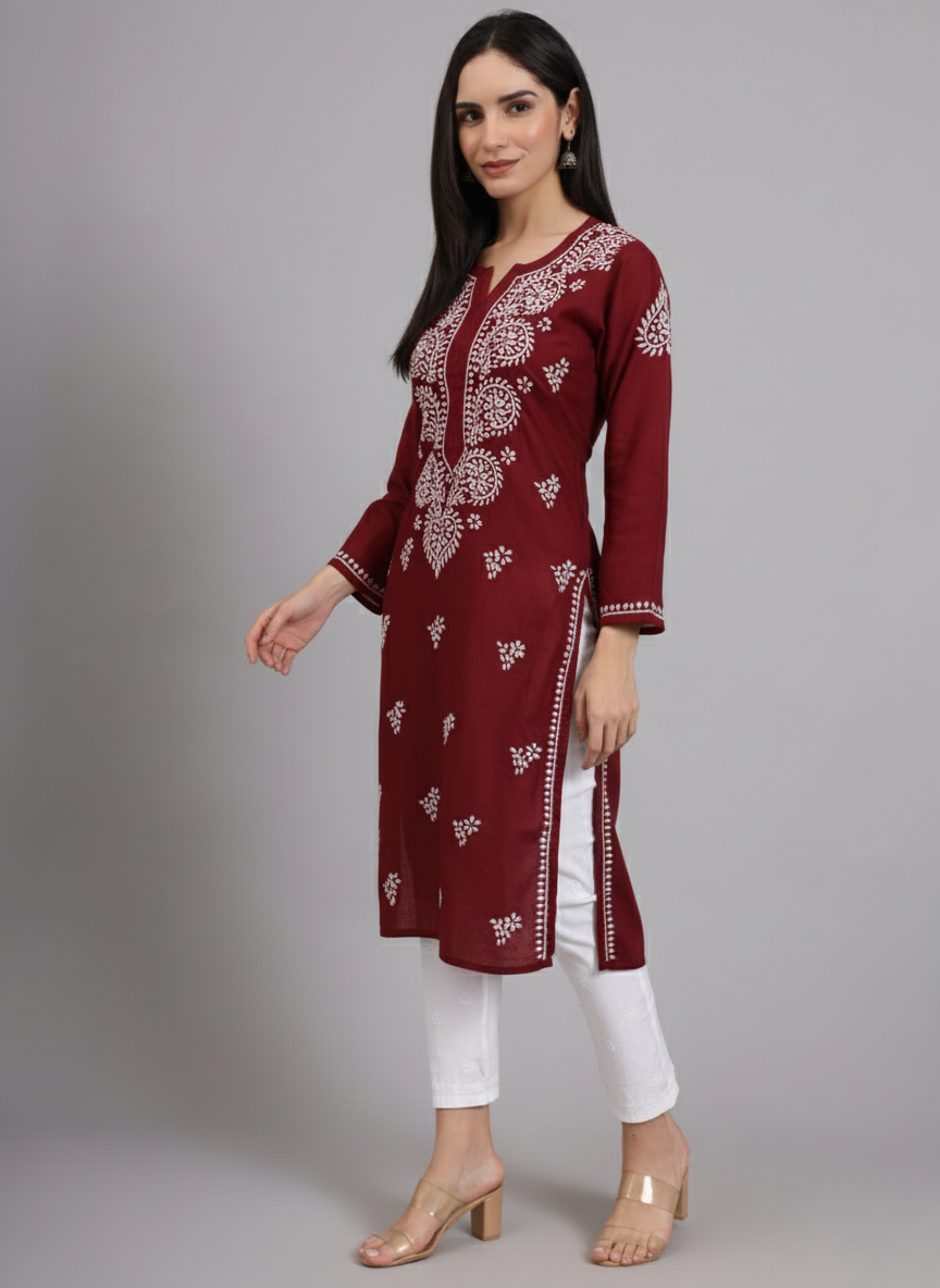 Women Hand Embroidered Lucknowi Chikankari Cotton Ethnic Motifs Kurta PC3997