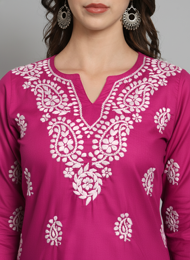 Women Hand Embroidered Chikankari Cotton Kurti PC3828