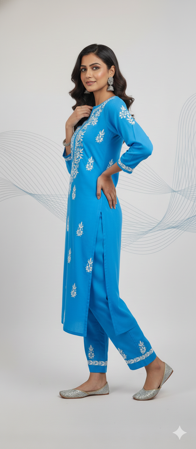 Women Hand Embroidered Chikankari Cotton kurta set PC4107KS Denim