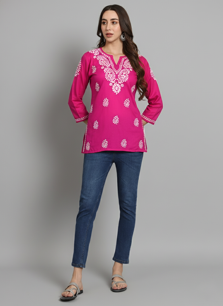 Women Hand Embroidered Chikankari Cotton Kurti PC3828