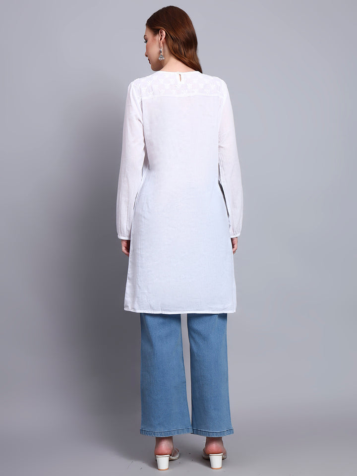 Hand Embroidered Women White Chikankari Cotton Tunic-PC14366