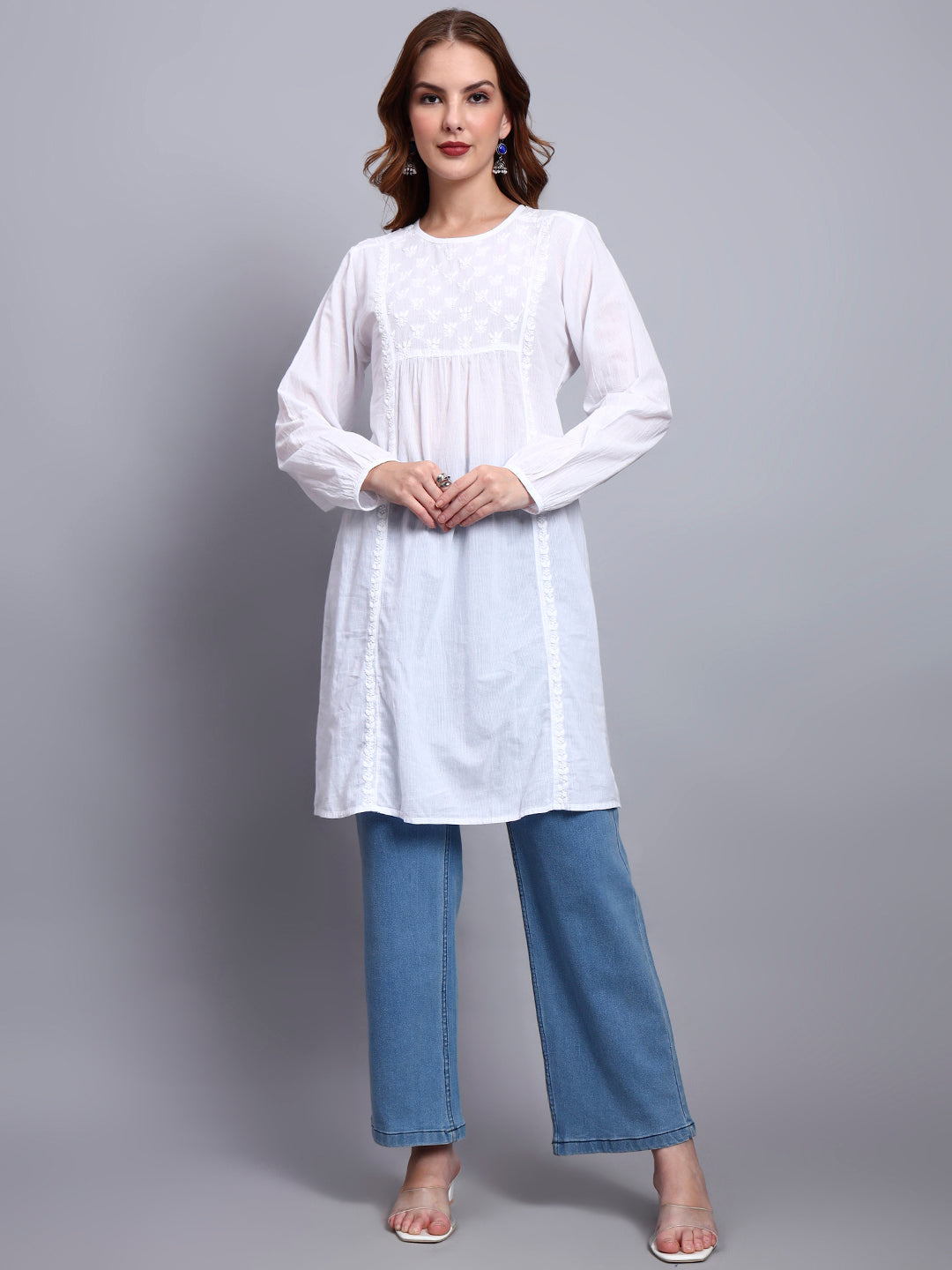 Hand Embroidered Women White Chikankari Cotton Tunic-PC14366