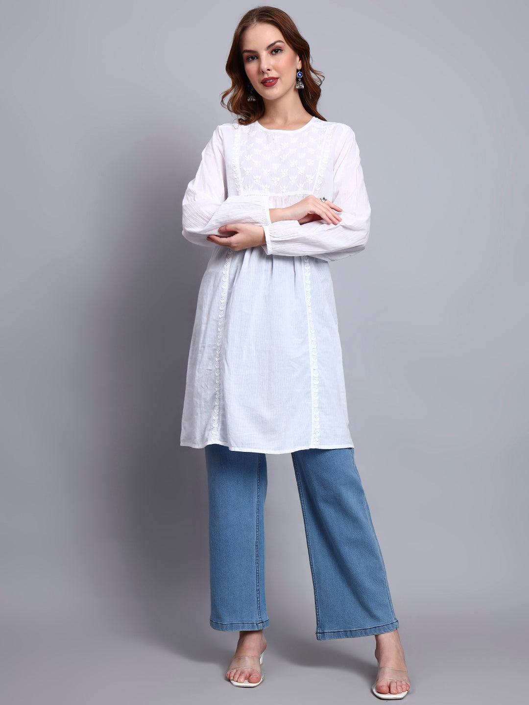 Hand Embroidered Women White Chikankari Cotton Tunic-PC14366