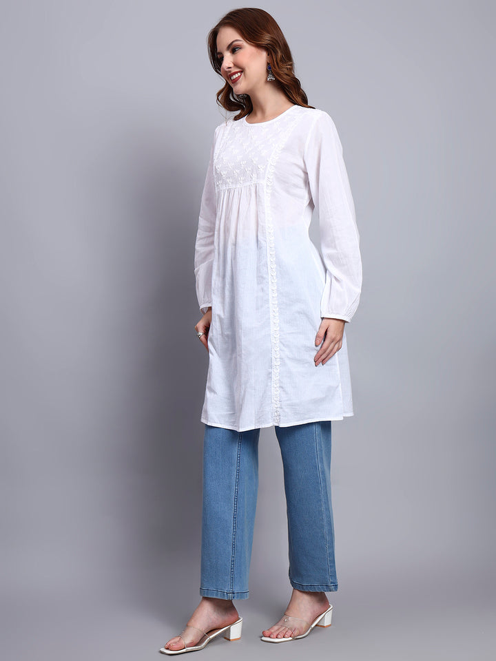 Hand Embroidered Women White Chikankari Cotton Tunic-PC14366