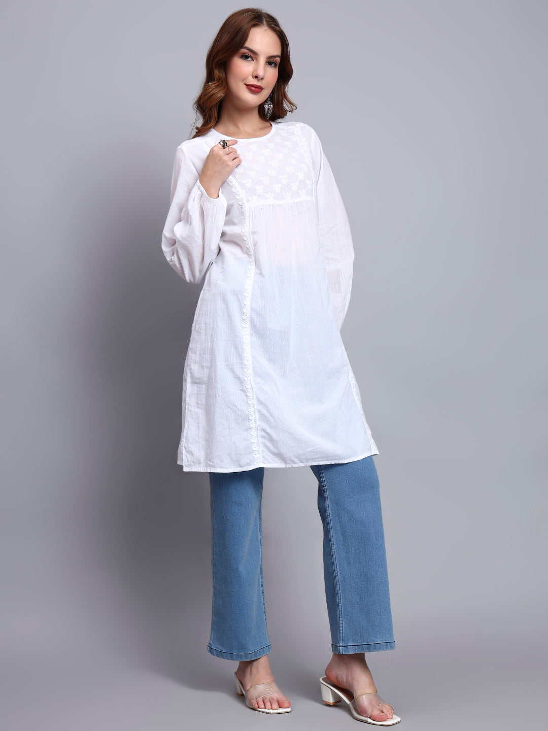 Hand Embroidered Women White Chikankari Cotton Tunic-PC14366