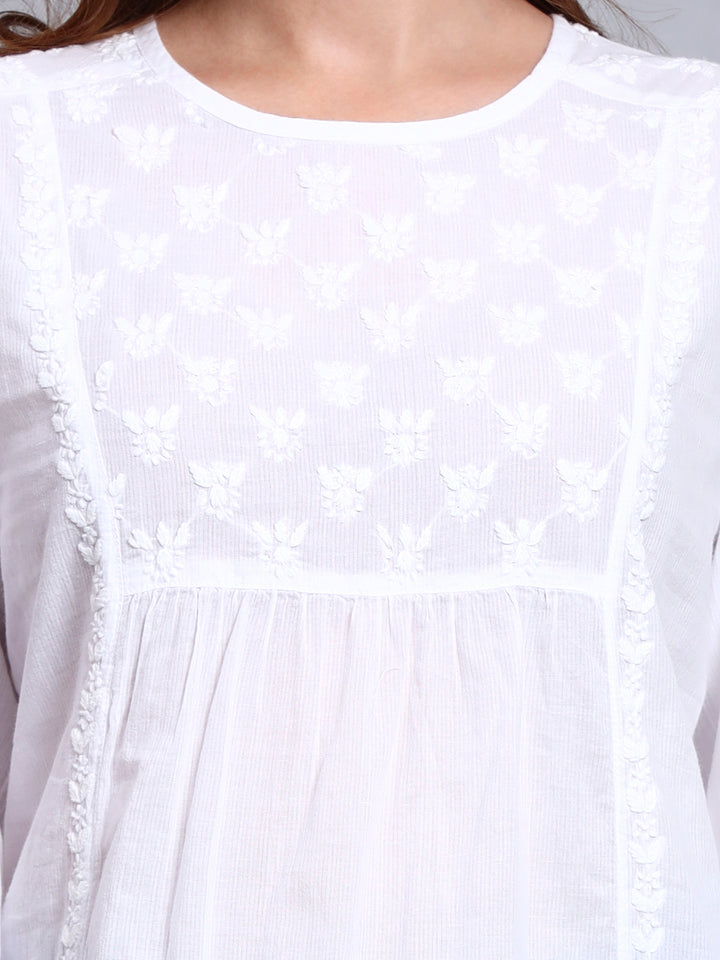 Hand Embroidered Women White Chikankari Cotton Tunic-PC14366