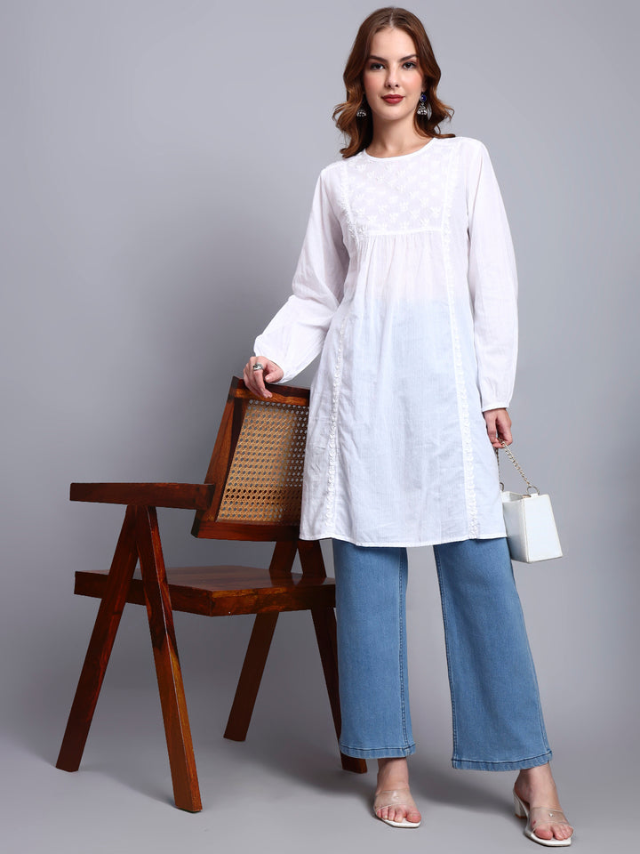 Hand Embroidered Women White Chikankari Cotton Tunic-PC14366