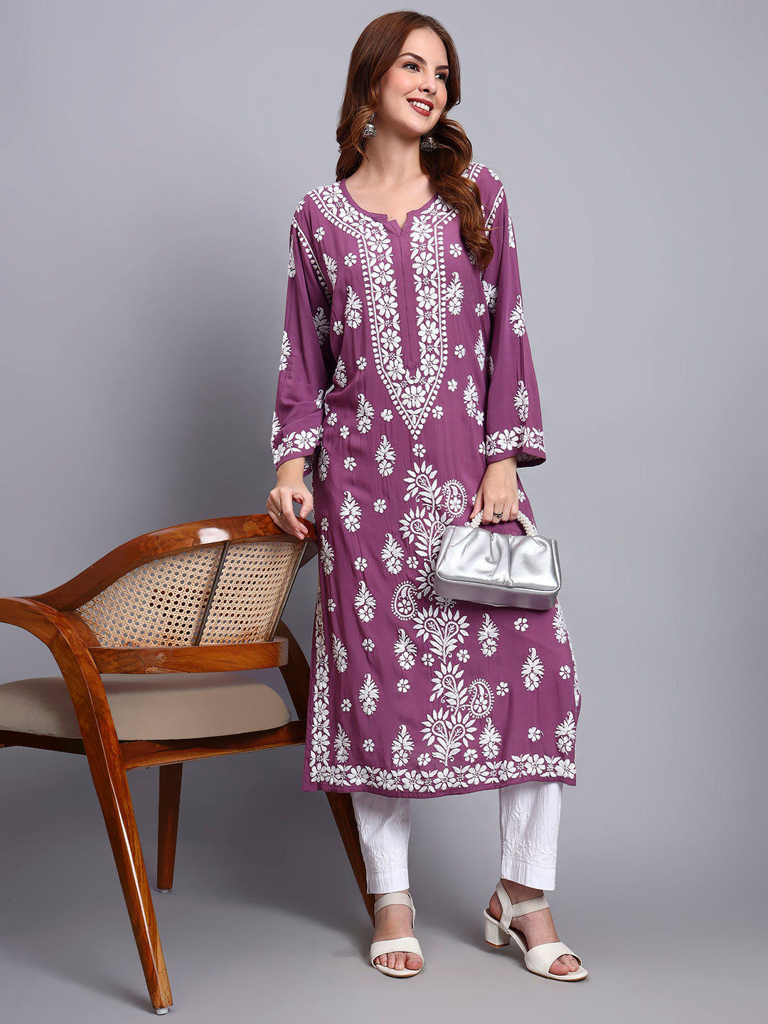 Hand Embroidered Chikankari Modal Straight Kurta- PC4042