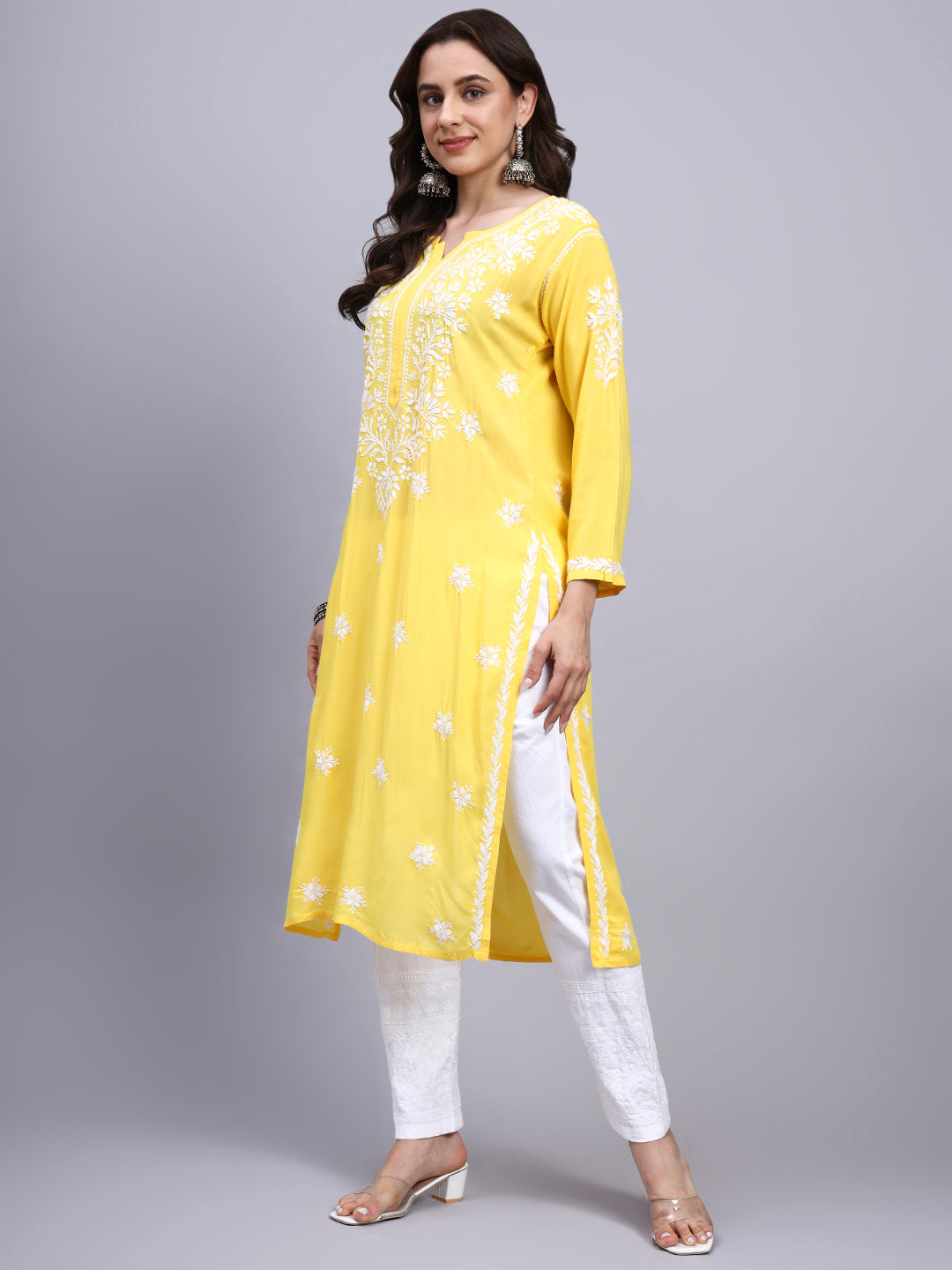 Hand Embroidered Chikankari Modal Straight Kurta- PC4059 Darkyellow