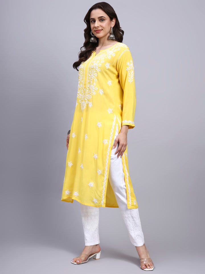 Hand Embroidered Chikankari Modal Straight Kurta- PC4059 Darkyellow