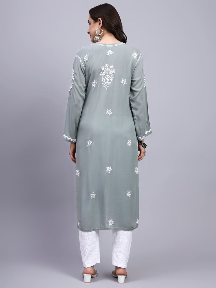 Hand Embroidered Chikankari Modal Straight Kurta- PC4059 Lightgrey