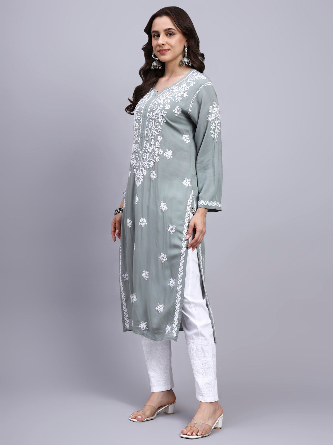 Hand Embroidered Chikankari Modal Straight Kurta- PC4059 Lightgrey