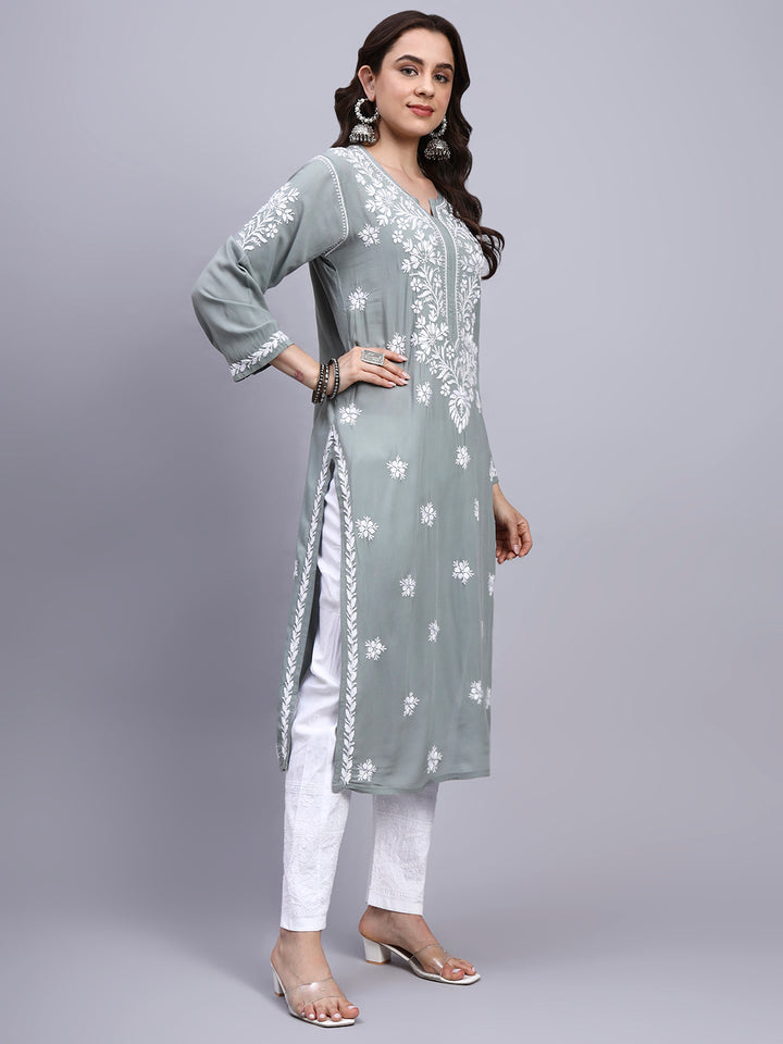 Hand Embroidered Chikankari Modal Straight Kurta- PC4059 Lightgrey