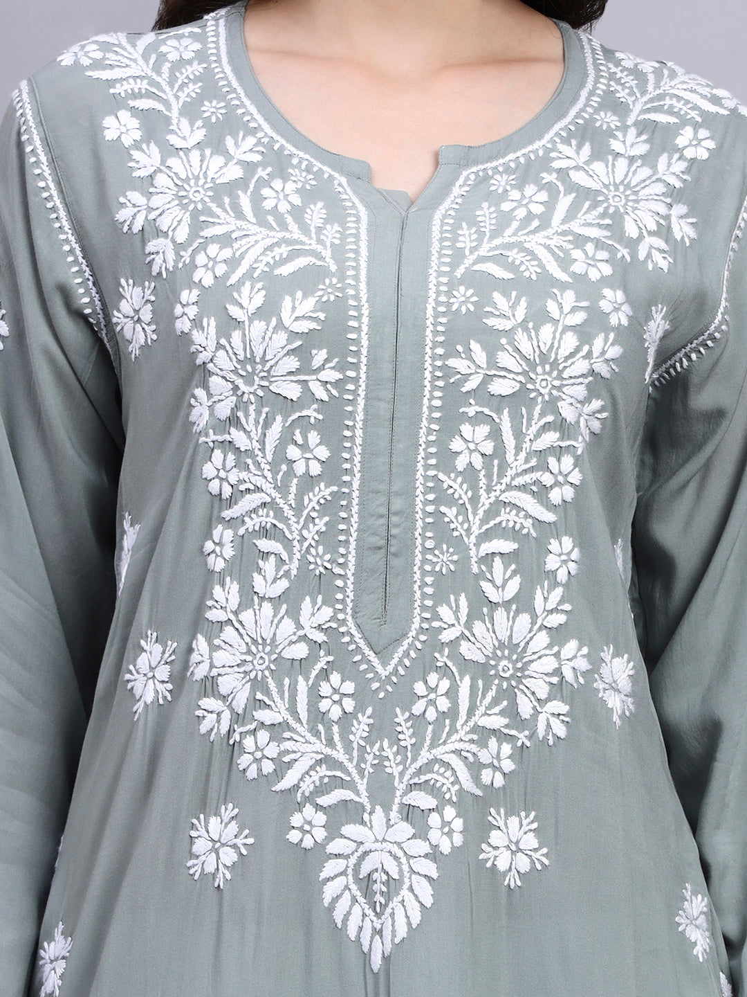 Hand Embroidered Chikankari Modal Straight Kurta- PC4059 Lightgrey