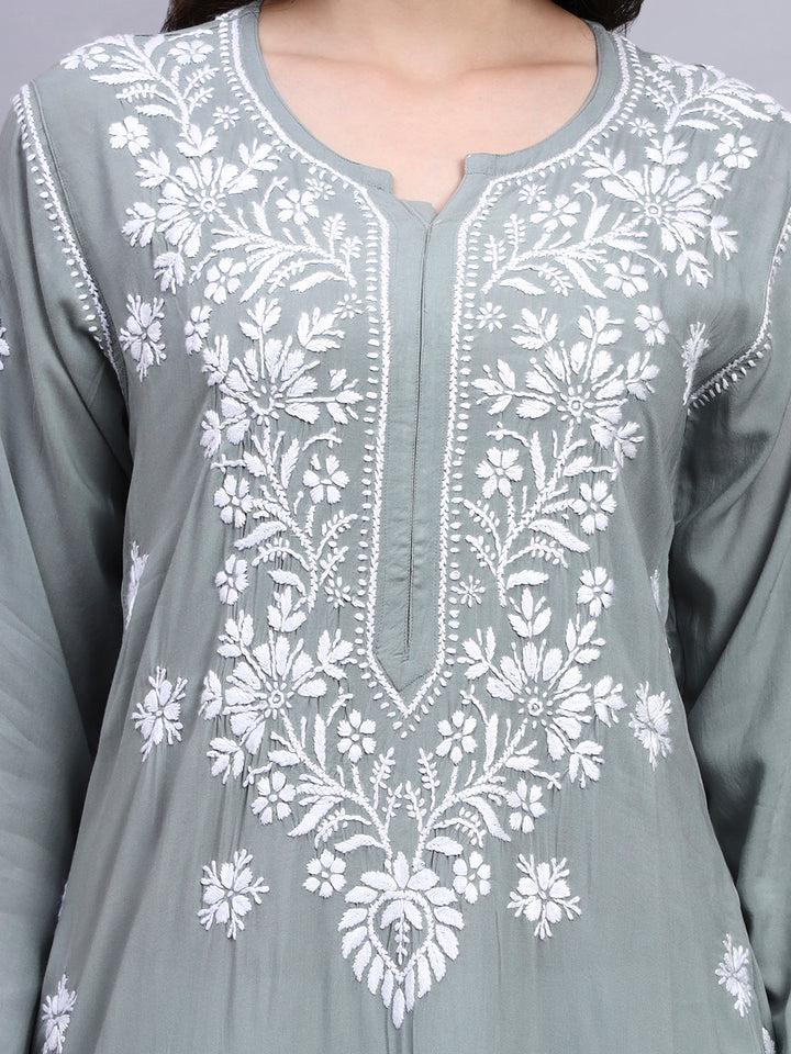Hand Embroidered Chikankari Modal Straight Kurta- PC4059 Lightgrey