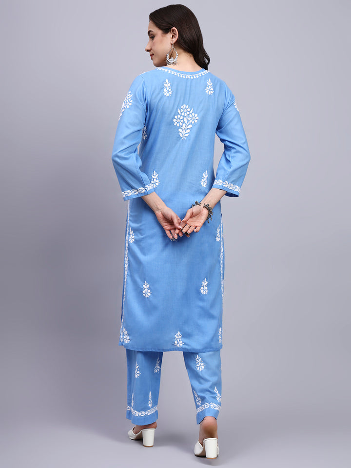 Women Hand Embroidered Chikankari Cotton Kurta set PC4107KS Denim