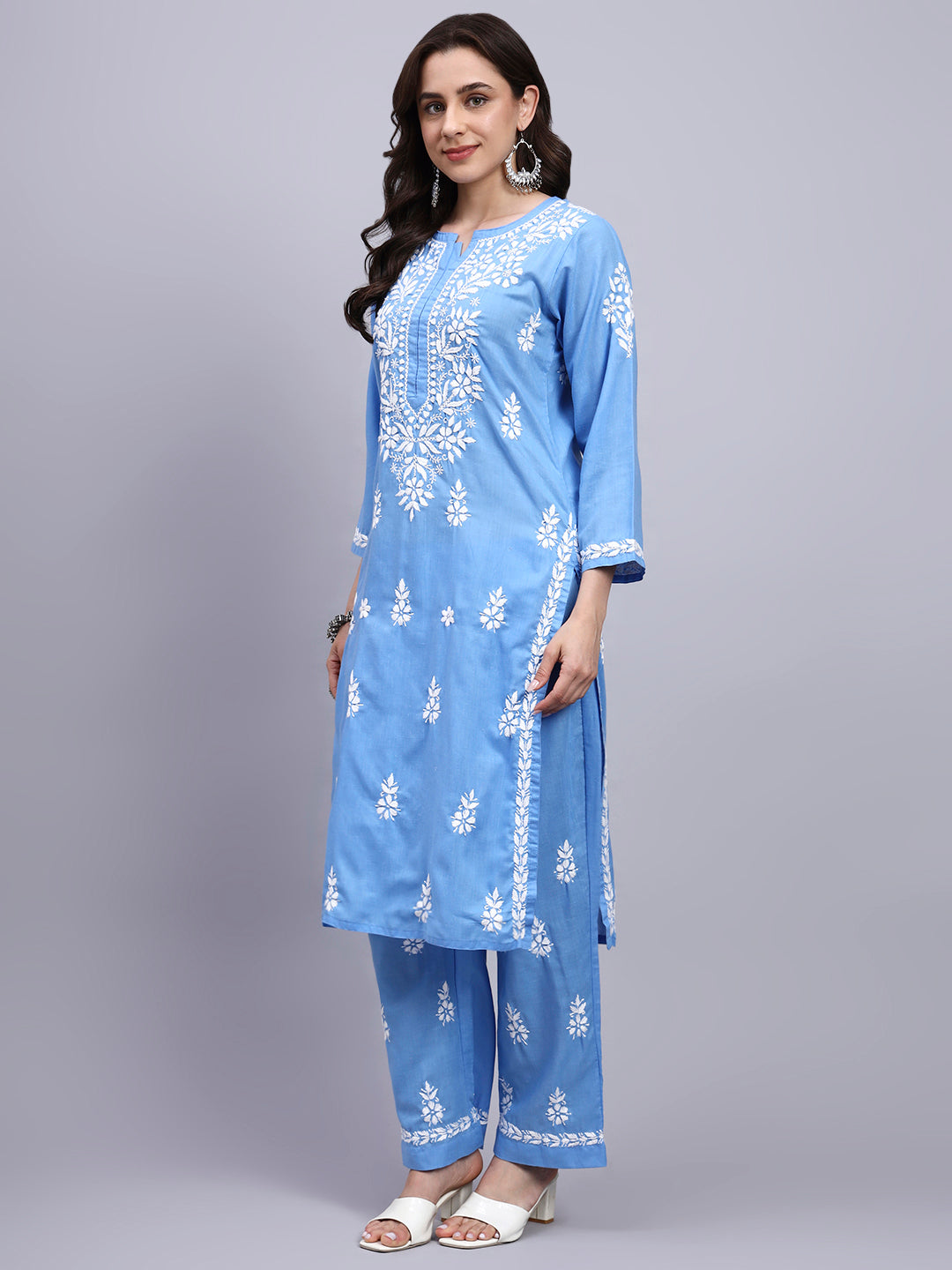 Women Hand Embroidered Chikankari Cotton Kurta set PC4107KS Denim