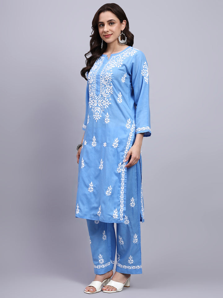 Women Hand Embroidered Chikankari Cotton Kurta set PC4107KS Denim