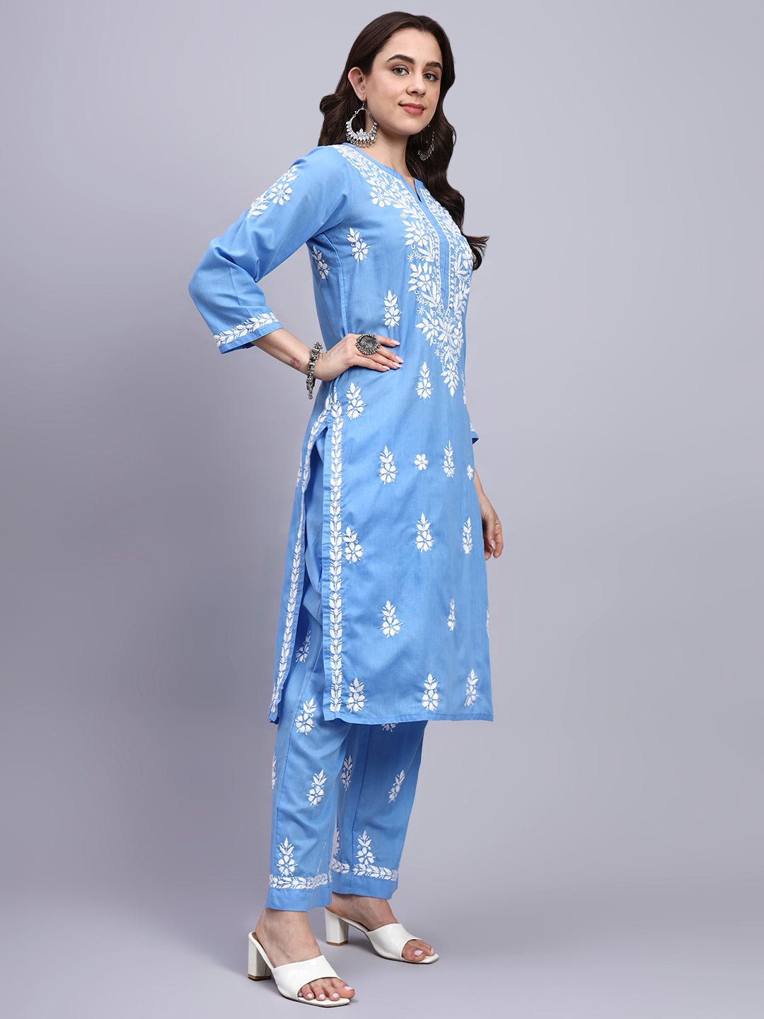 Women Hand Embroidered Chikankari Cotton Kurta set PC4107KS Denim