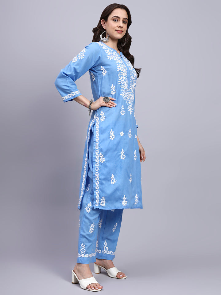 Women Hand Embroidered Chikankari Cotton Kurta set PC4107KS Denim