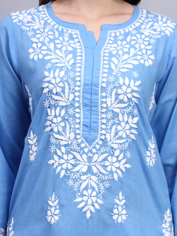 Women Hand Embroidered Chikankari Cotton Kurta set PC4107KS Denim