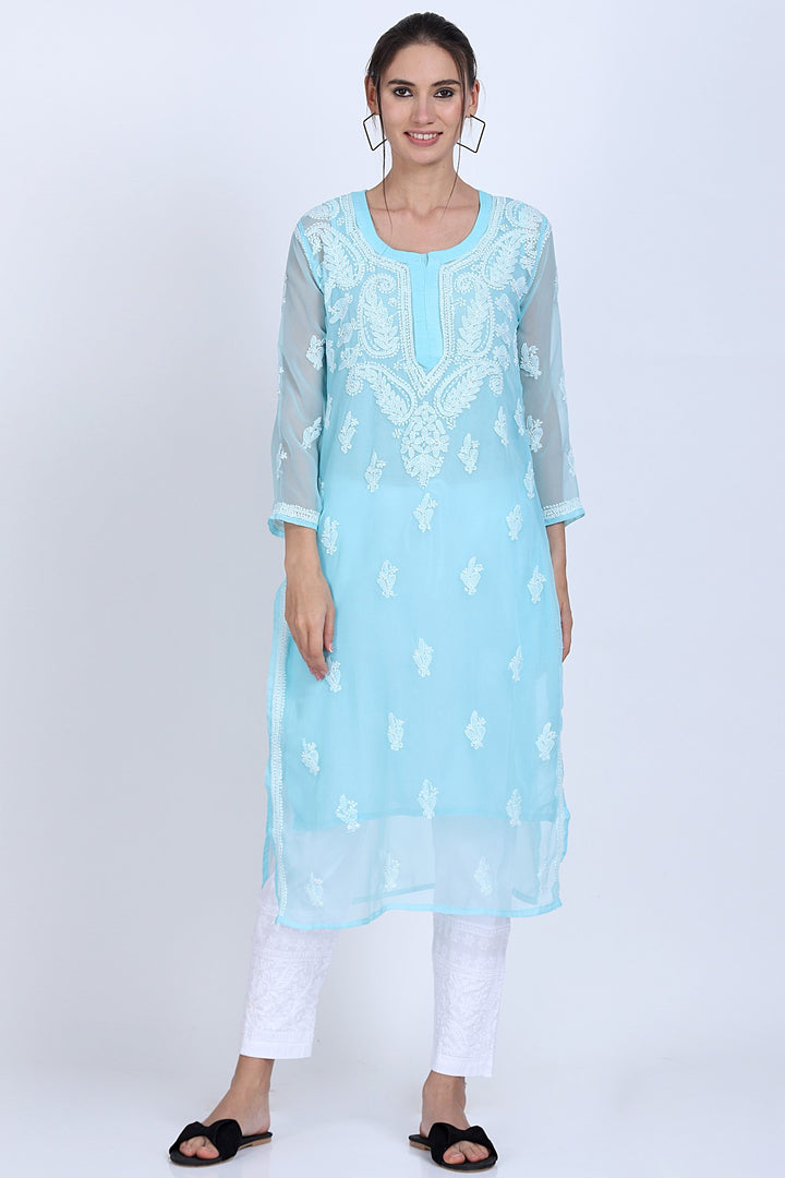 Hand Embroidered Chikankari Georgette straight Kurta with matching slip- PC3487