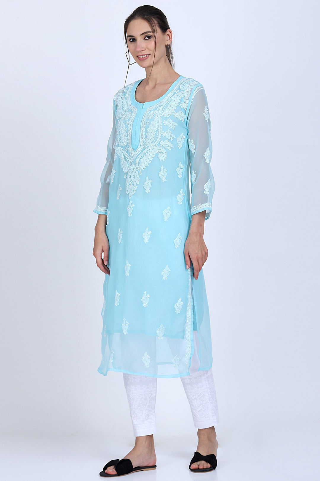 Hand Embroidered Chikankari Georgette straight Kurta with matching slip- PC3487