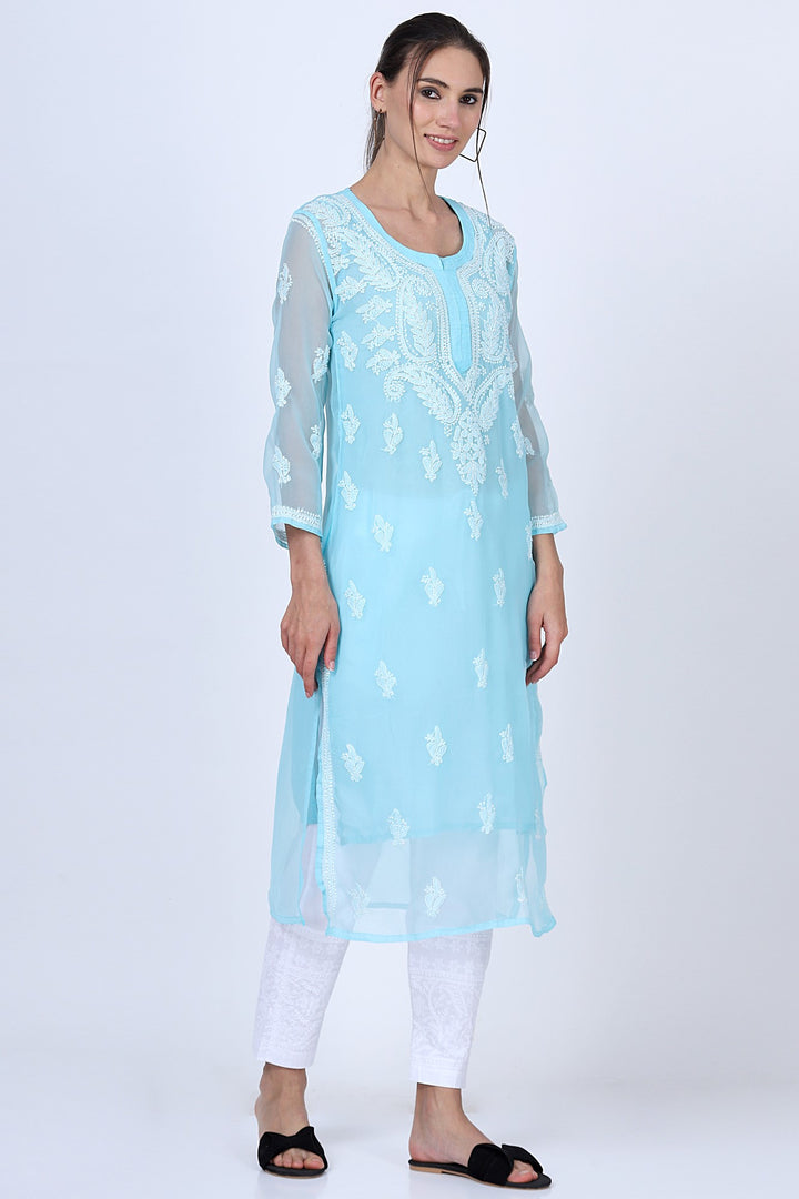 Hand Embroidered Chikankari Georgette straight Kurta with matching slip- PC3487