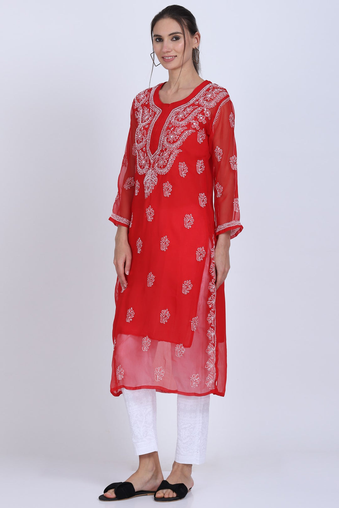 Hand Embroidered Chikankari Georgette straight Kurta with matching slip- PC3487