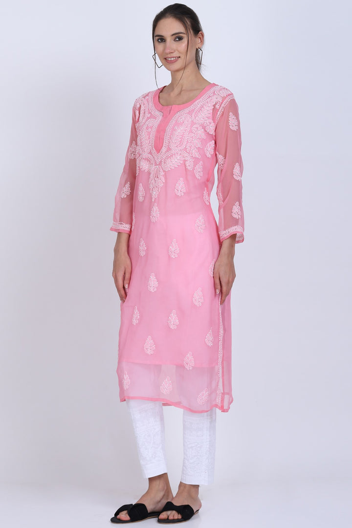 Hand Embroidered Chikankari Georgette straight Kurta with matching slip- PC3487