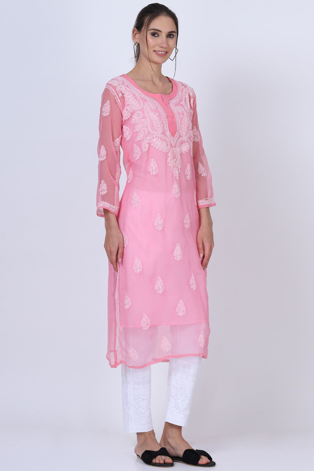 Hand Embroidered Chikankari Georgette straight Kurta with matching slip- PC3487