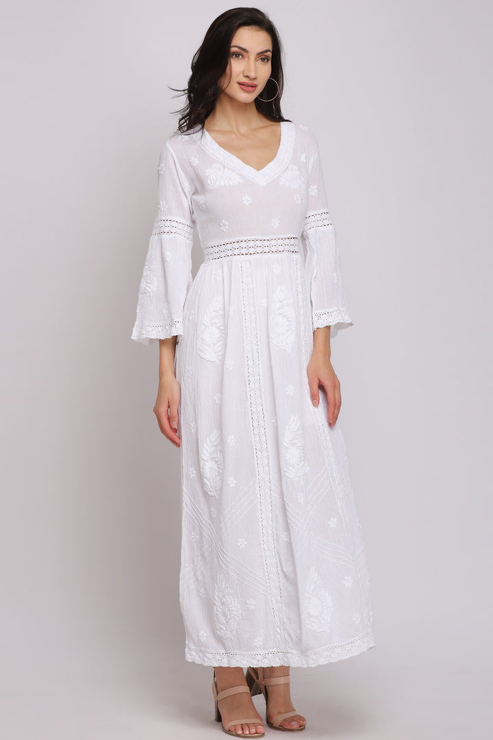 Women Hand Embroidered Chikankari Cotton A-line Dress PC966