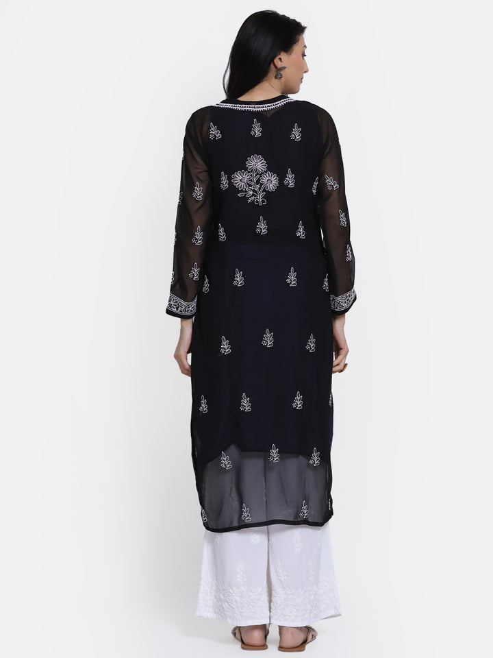 Women Hand Embroidered Chikankari Georgette Straight Kurta with Matching Slip PC3511 Black