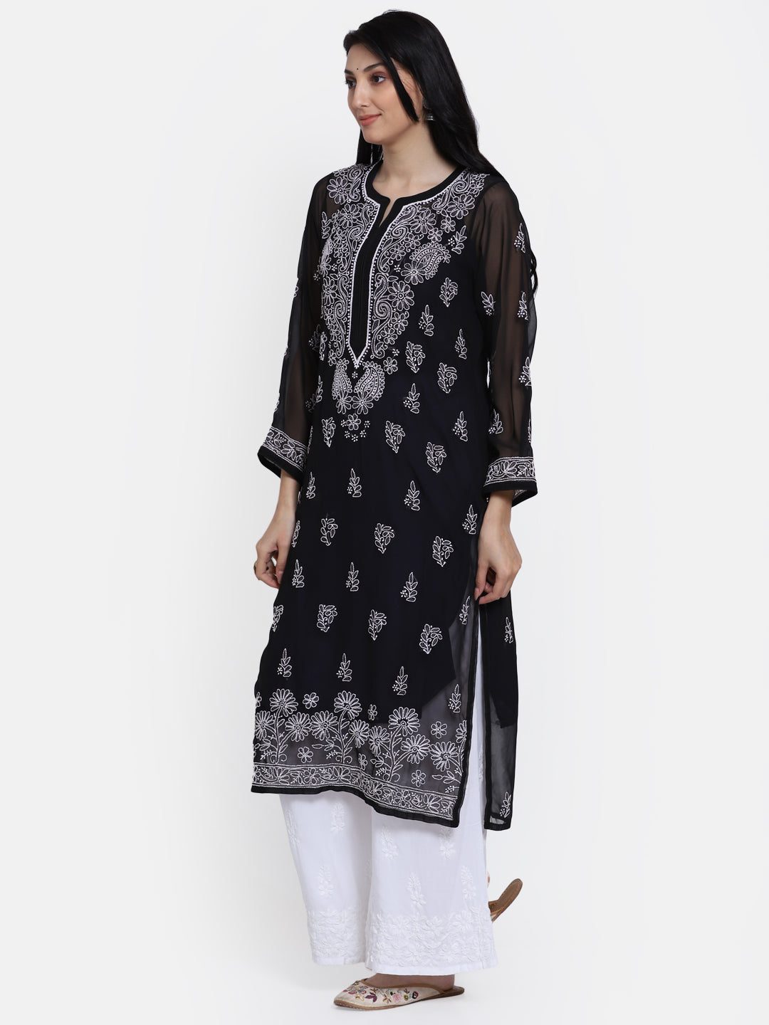 Women Hand Embroidered Chikankari Georgette Straight Kurta with Matching Slip PC3511 Black