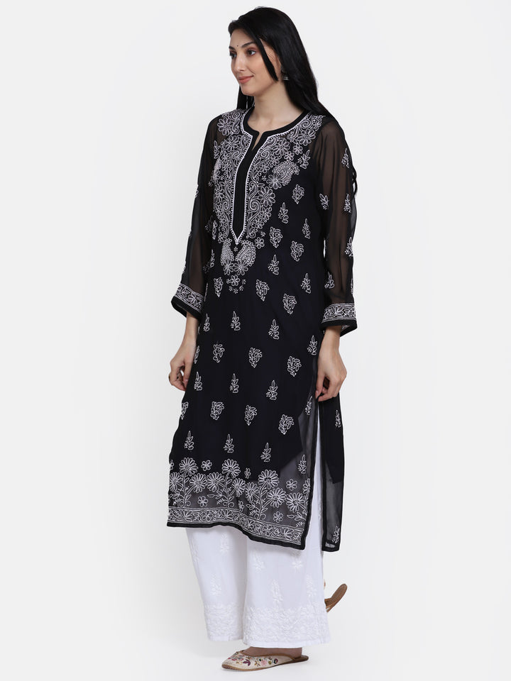 Women Hand Embroidered Chikankari Georgette Straight Kurta with Matching Slip PC3511 Black
