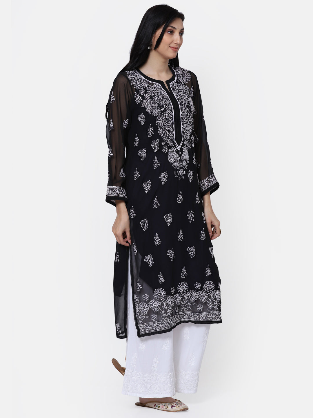 Women Hand Embroidered Chikankari Georgette Straight Kurta with Matching Slip PC3511 Black