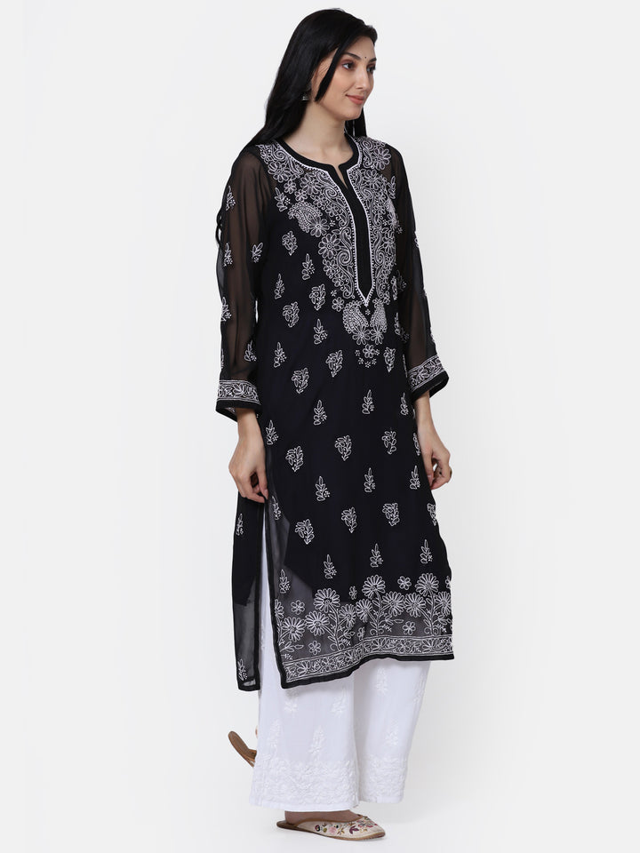 Women Hand Embroidered Chikankari Georgette Straight Kurta with Matching Slip PC3511 Black