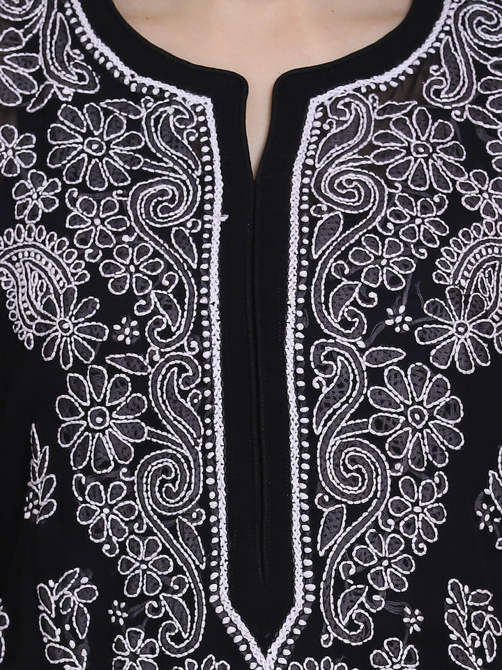 Women Hand Embroidered Chikankari Georgette Straight Kurta with Matching Slip PC3511 Black