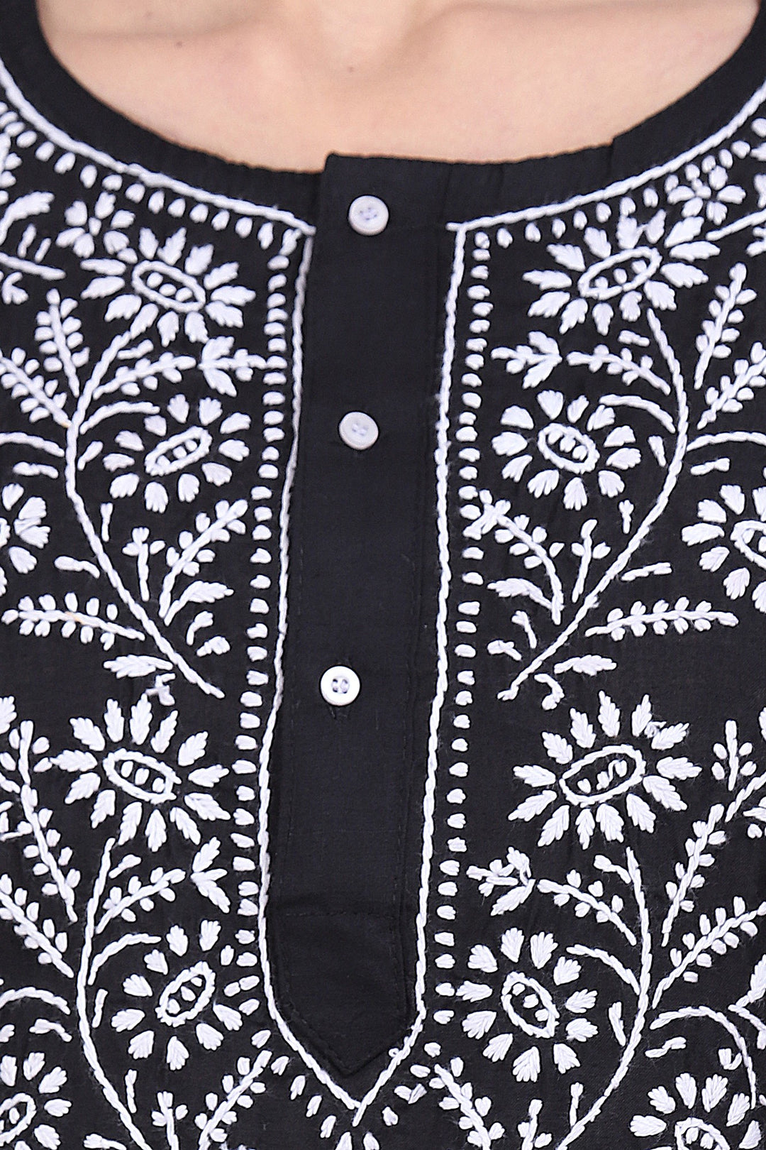 Hand Embroidered Chikankari Straight Floral Cotton Kurta-NTV115