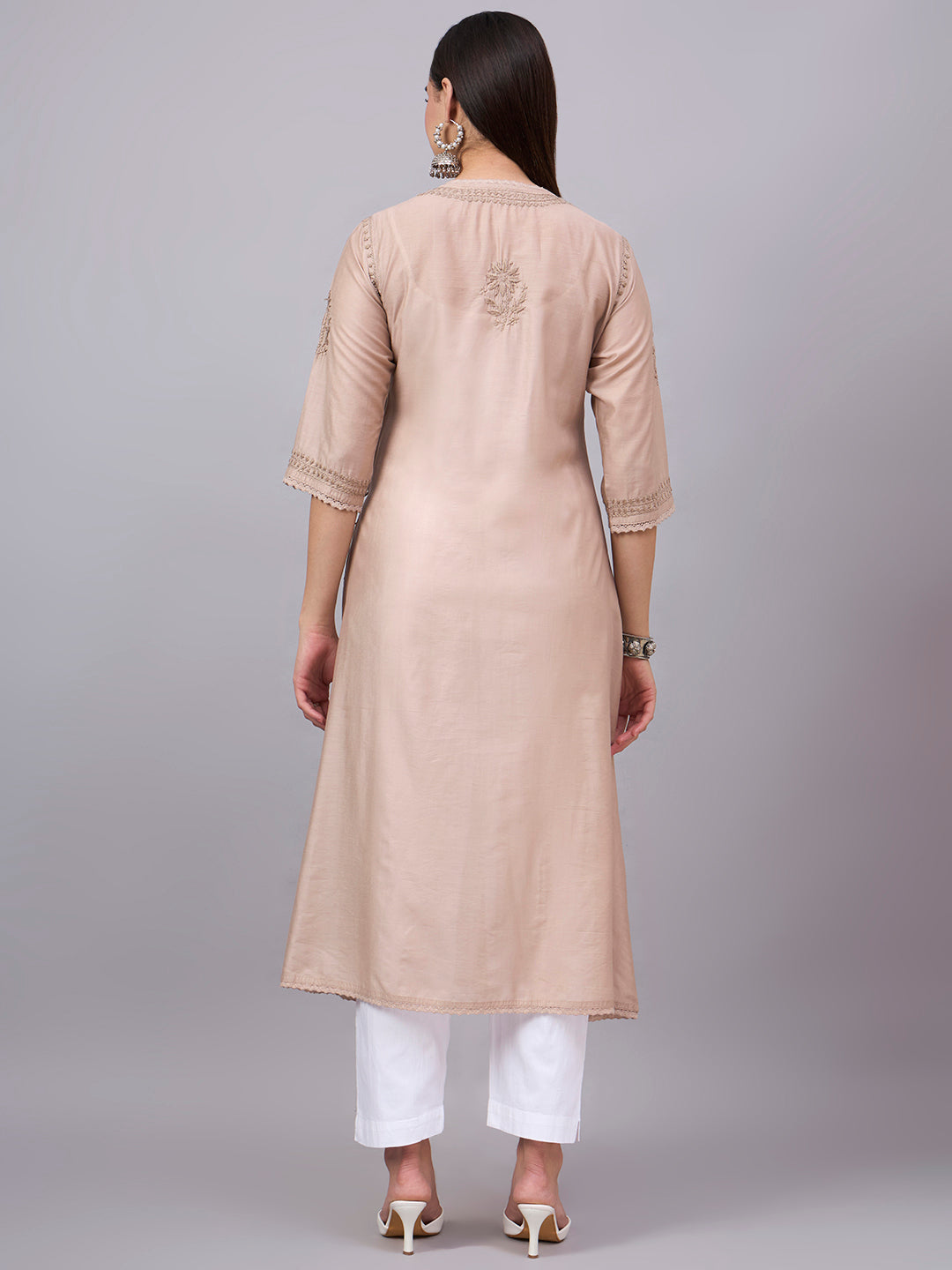 Women chikankari hand Embroidered Chanderi Angrakha kurta-PC3667 Beige
