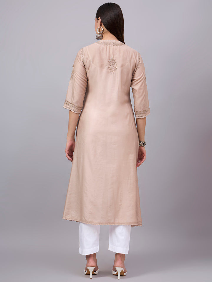Women chikankari hand Embroidered Chanderi Angrakha kurta-PC3667 Beige