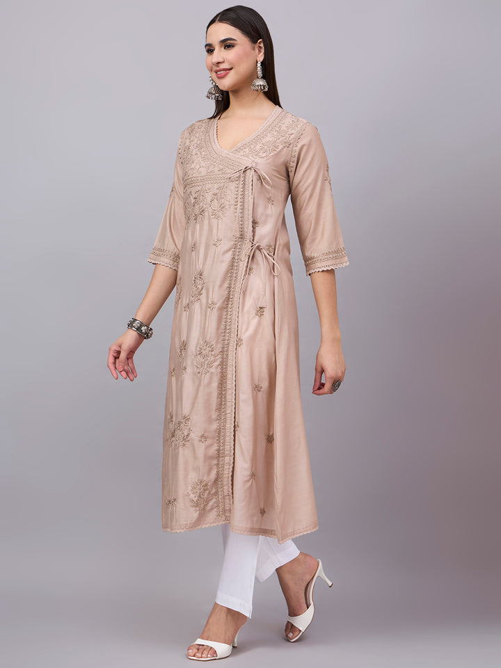Women chikankari hand Embroidered Chanderi Angrakha kurta-PC3667 Beige