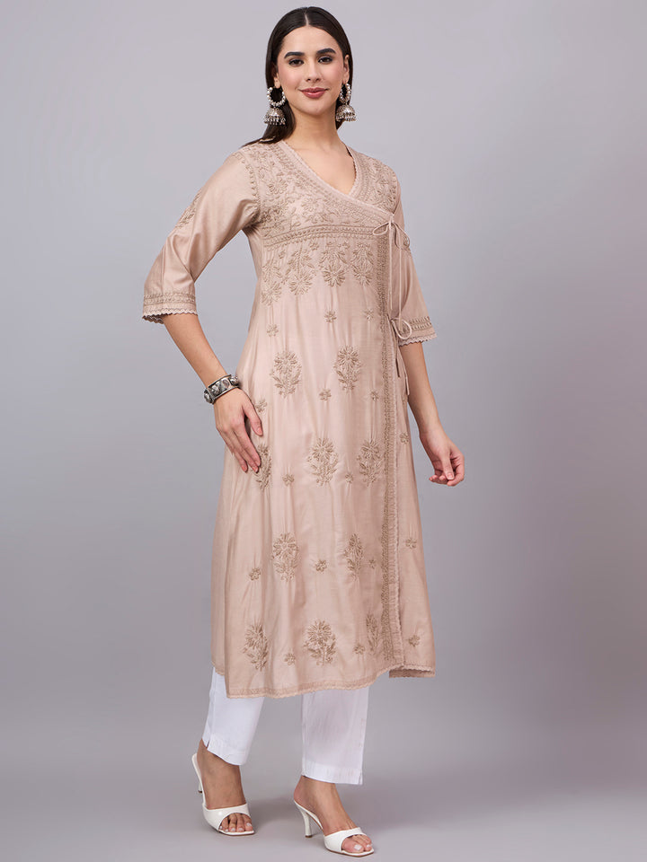 Women chikankari hand Embroidered Chanderi Angrakha kurta-PC3667 Beige