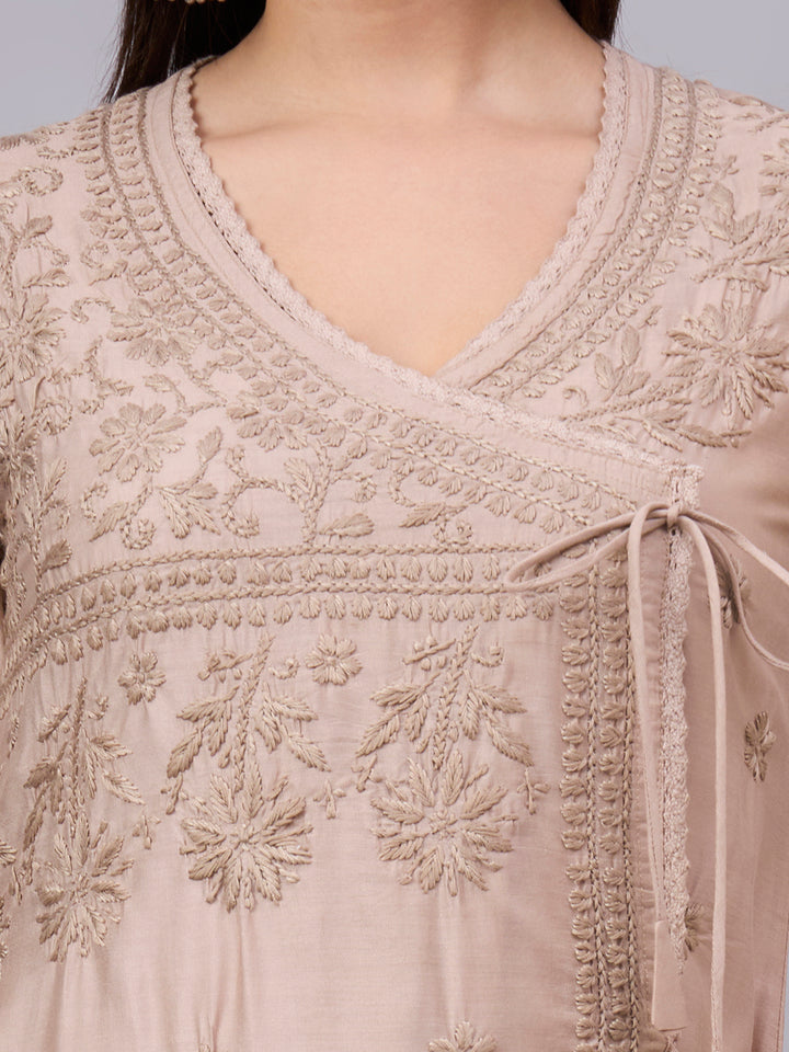 Women chikankari hand Embroidered Chanderi Angrakha kurta-PC3667 Beige