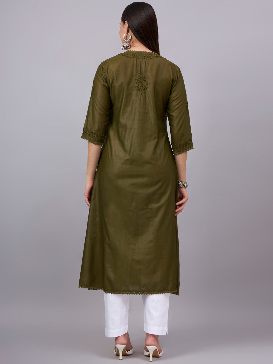 Women chikankari hand Embroidered Chanderi Angrakha kurta-PC3667 Olive