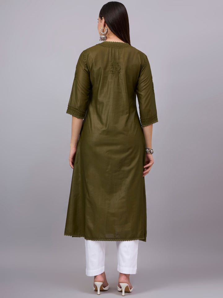 Women chikankari hand Embroidered Chanderi Angrakha kurta-PC3667 Olive